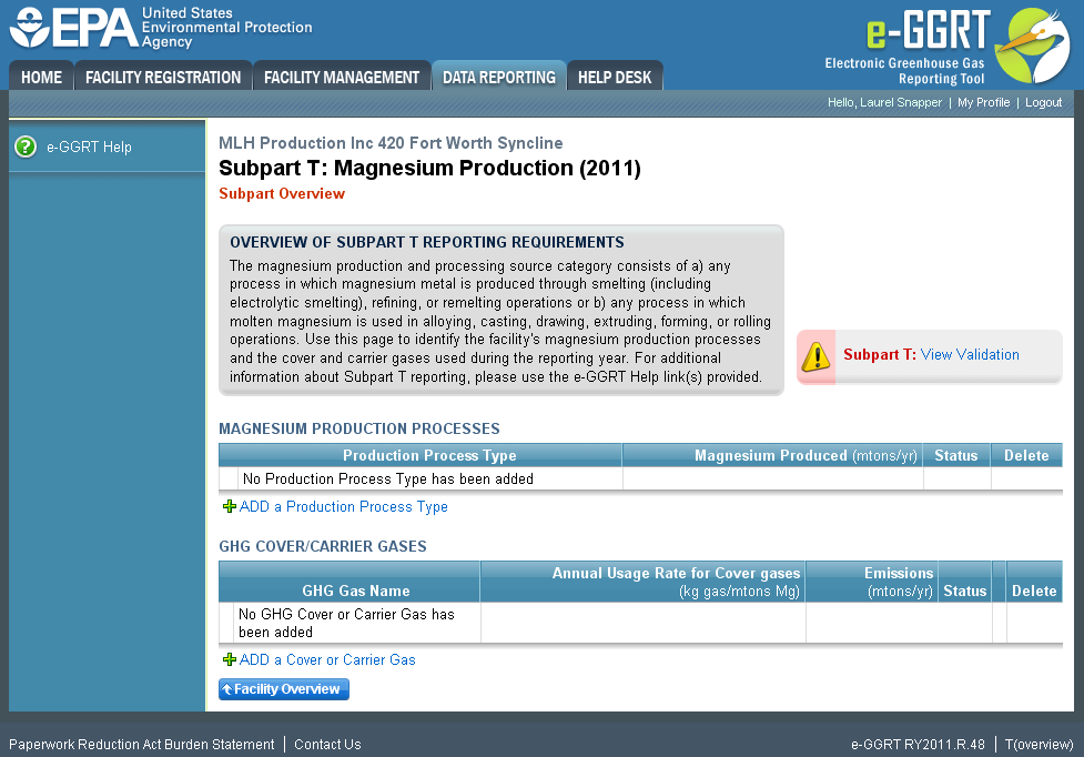 Subpart T: Report Magnesium Production Processes and GHG Cover and Carrier Gases